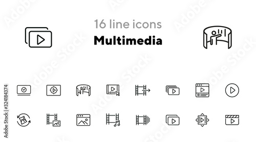 Multimedia line icon set. Video, footage, photo. Media content concept. Can be used for topics like player, cinema, movie