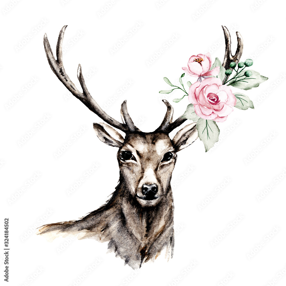 Obraz Deer head antlers with watercolor flowers pink roses and leaf. Sketch stag, animal illustration. Isolated on white. Hand drawing antlers for children's parties, for print on cards, tattoo and other.