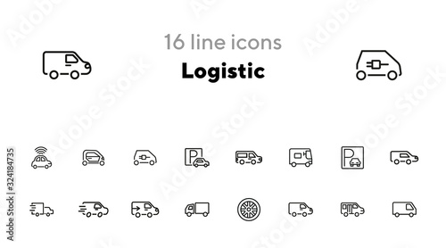Logistic line icon set. Set of line icons on white background. Truck, trailer, parking. Transportation concept. Vector illustration can be used for topics like transport, car, auto service