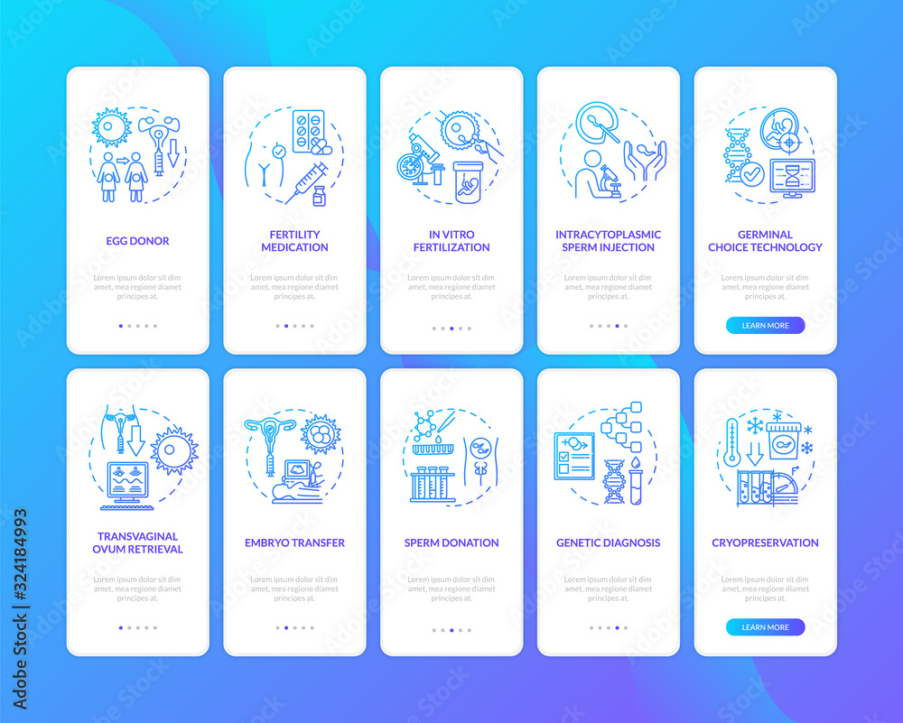 Naklejka premium Alternative pregnancy onboarding mobile app page screen with concepts. Assisted childbirth walkthrough 5 steps graphic instructions. UI vector template with RGB color illustrations