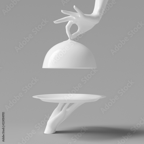 White Dish with lid holding hands isolated, opened restaurant cloche, launch time promo banner concept. 3d rendering photo