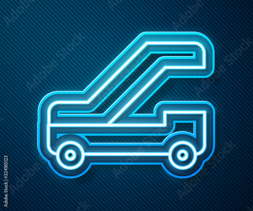 Glowing neon line Passenger ladder for plane boarding icon isolated on blue background. Airport stair travel. Vector Illustration