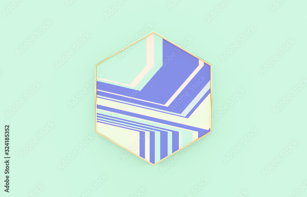 Empty hexagon plate with colorful stripe and gold frame. Beauty fashion backdrop for product display. 3d render. Empty hexagon plate with colorful stripe and gold frame. Beauty fashion backdrop for product display. 3d render.
