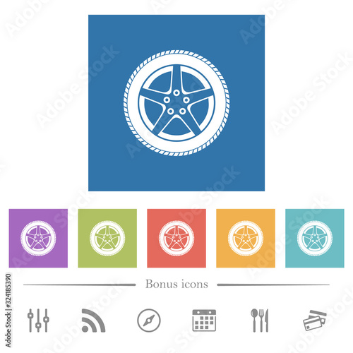 Car wheel flat white icons in square backgrounds photo