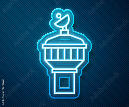 Glowing neon line Radar icon isolated on blue background. Search system. Satellite sign. Vector Illustration