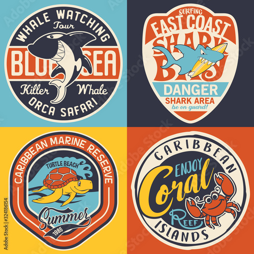 Cute marine life graphic labels vector collection for children wear