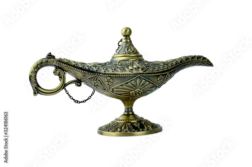 Tableau sur toile Magical genie lamp of aladdin,a antique lamp displayed on a white background