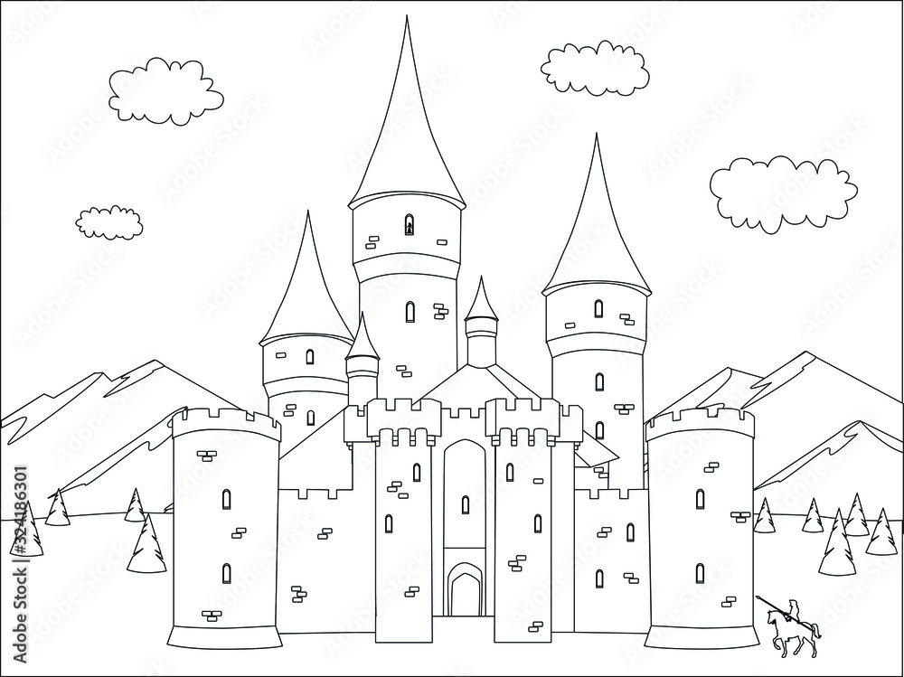 Fantasy castle. Black and white vector illustration for coloring book