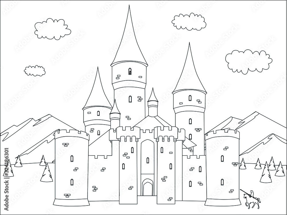 Fototapeta premium Fantasy castle. Black and white vector illustration for coloring book