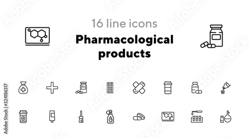 Pharmacological products icon set. Drugstore concept. Vector illustration can be used for topics like apothecary, pharmaceuticals, medicine