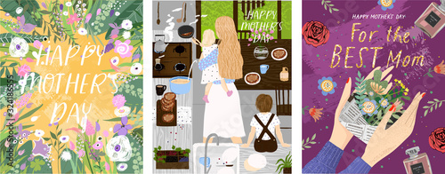 Happy Mother`s Day! Set of vector posters with flower template; woman and her children in kitchen; gift in hand for best mom and isolated objects. Illustrations for a card, poster or postcard