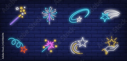 Festive stars neon sign set. Magic wand, motion, star in hand. Vector illustration in neon style, bright banner for topics like New Year, party, celebration, fun
