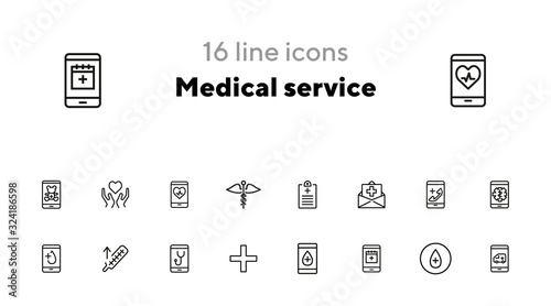 Medical service line icon set. Insurance, online doctor, ambulance call. Healthcare concept. Can be used for topics like practitioner consulting, emergency, help