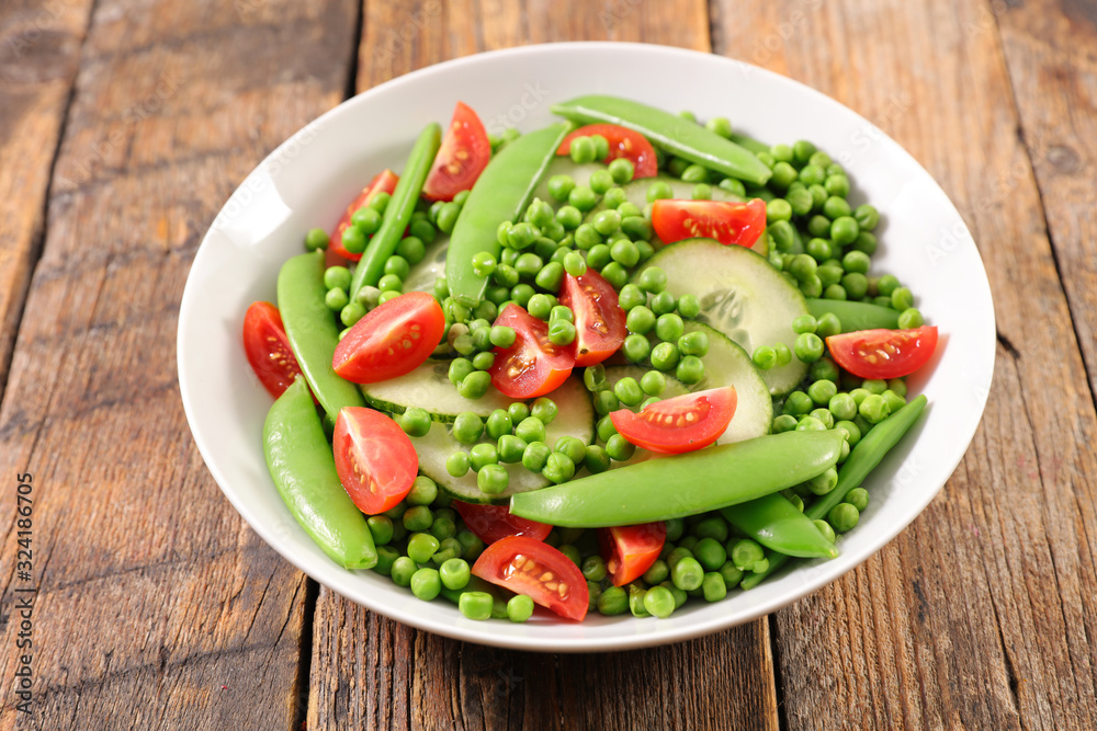 green pea and green bean, cucumber and tomato