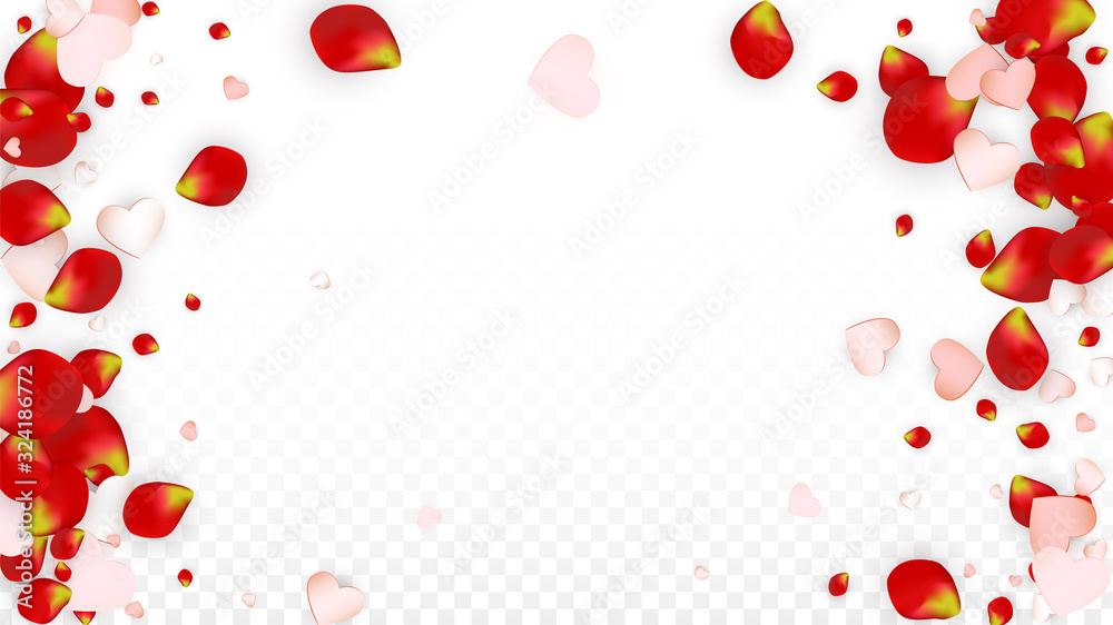 Vector Realistic Petals and Hearts Confetti. Flying Rose and Hearts on Transparent Background. St. Valentine Day Background. 