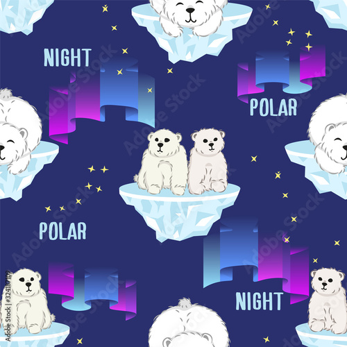 cute white furry polar bears seamless pattern on arctic night background with aurora polaris, cartoon wild animals, editable vector illustration for decoration, fabric, textile, paper, banner, print