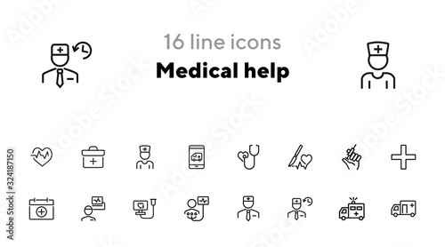 Medical help line icon set. Stethoscope, injection, doctor, ambulance. Medicine concept. Can be used for topics like hospital, first aid, emergency