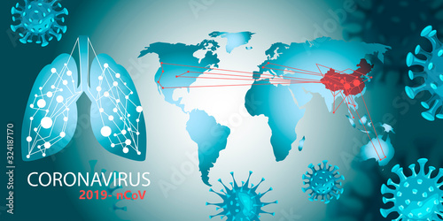 Vector stock concept with map of the world, lungs, coronavirus images. Red lines and dots indicate the areas affected by 2019-nCov coronavirus that started in Wuhan city in China. For posts, news