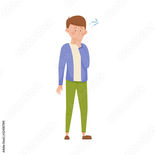Young Dark-haired Man Standing with Thoughtful Expression on His Face and Question Mark Vector Illustration