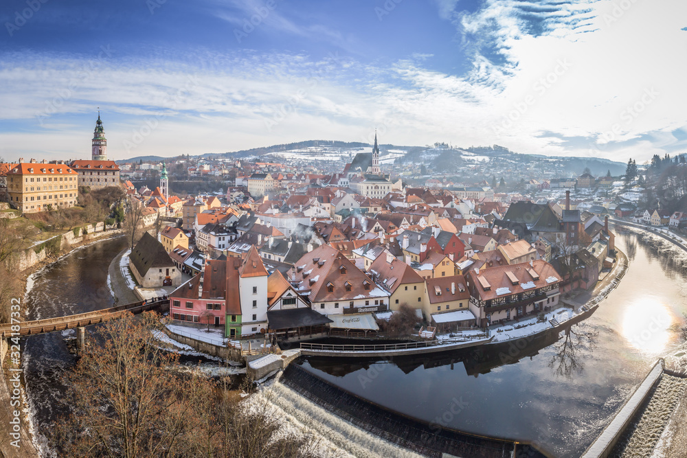 View of castle and houses in Cesky Krumlov in winter, Czech republic