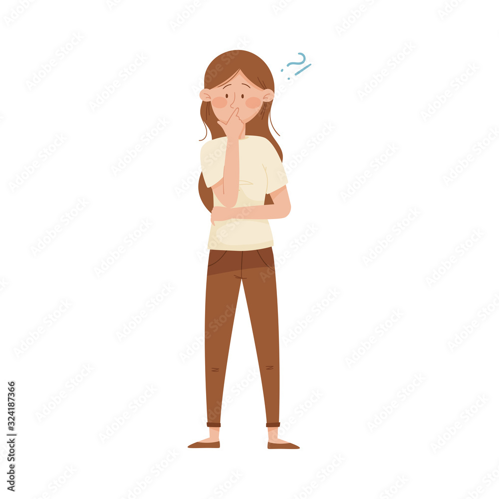 Thoughtful Woman Standing Touching Her Chin and Question Mark Vector Illustration