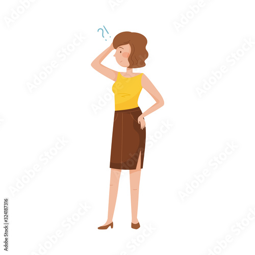 Young Woman Standing with Thoughtful Expression on Her Face and Question Mark Vector Illustration
