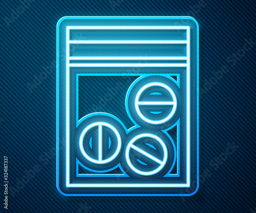 Glowing neon line Plastic bag of drug icon isolated on blue background. Health danger. Vector Illustration