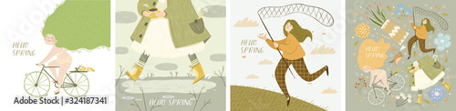 Set of vector posters with girl in spring scenes in scandinavian style