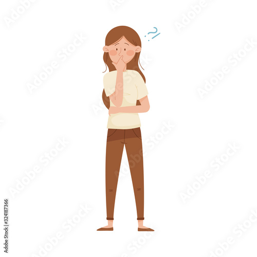Thoughtful Woman Standing Touching Her Chin and Question Mark Vector Illustration