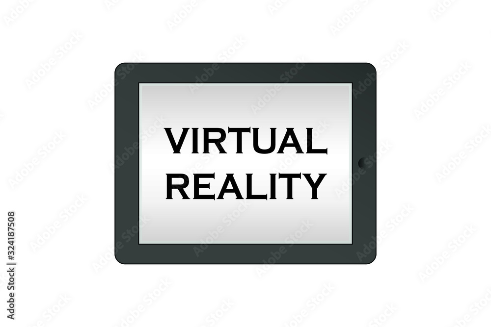 Virtual reality text in tablet screen. - vector illustration concept Virtual reality text in tablet screen. - vector illustration concept