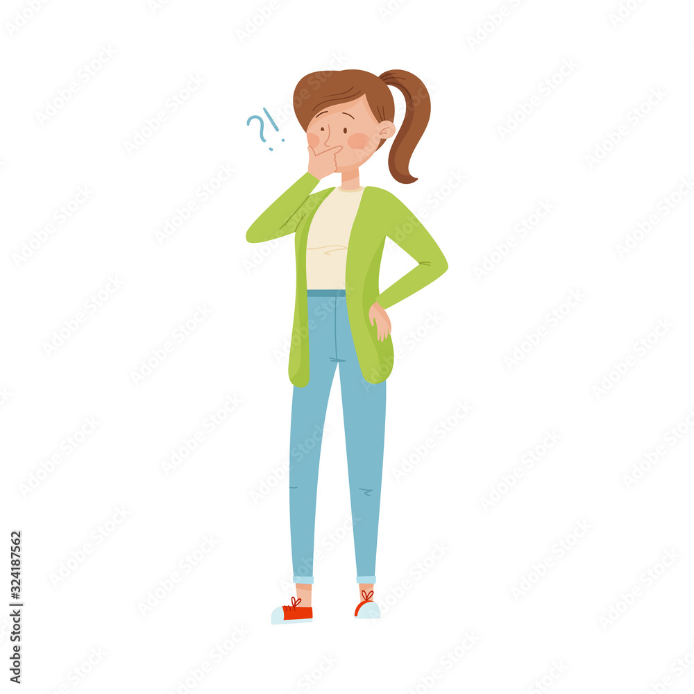 Thoughtful Woman Standing Touching Her Chin and Question Mark Vector Illustration
