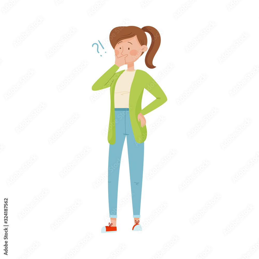 Thoughtful Woman Standing Touching Her Chin and Question Mark Vector Illustration Thoughtful Woman Standing Touching Her Chin and Question Mark Vector Illustration