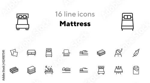 Mattress icon set. Line icons collection on white background. Customer, bed, comfort. Orthopedic furniture concept. Can be used for topics like bedroom, sleep, guarantee