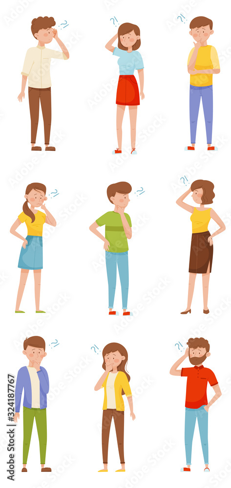 People Characters Standing with Thoughtful Expression on Their Faces and Question Marks Vector Illustrations Set