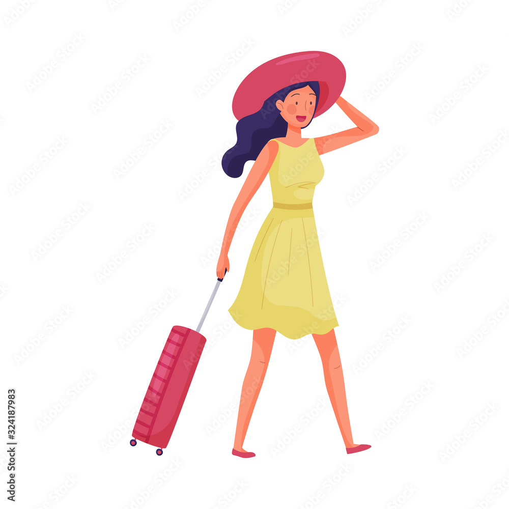 Young Girl Wearing Dress and Pulling Luggage in Hurry Up to the Train or Plane Vector Illustration Young Girl Wearing Dress and Pulling Luggage in Hurry Up to the Train or Plane Vector Illustration