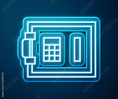 Glowing neon line Safe icon isolated on blue background. The door safe a bank vault with a combination lock. Reliable Data Protection. Vector Illustration