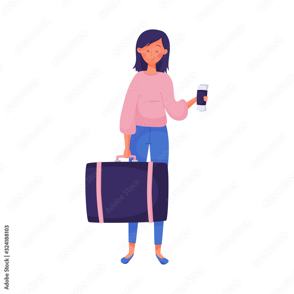 Traveling Dark-haired Smiling Woman Holding Suitcase and Coffee Cup Vector Illustration