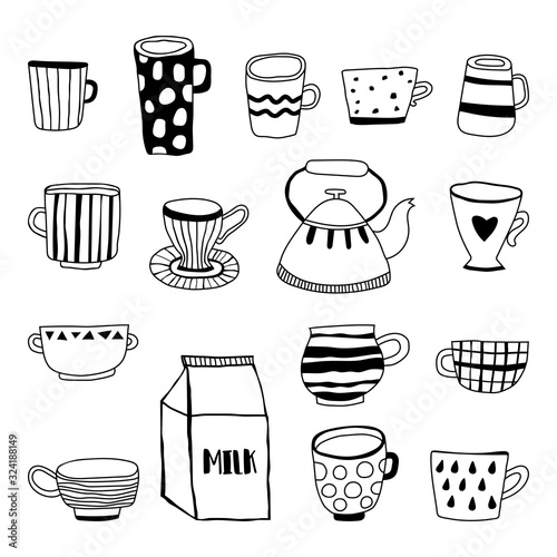 Tea cups, coffee mugs, teapot and milk. Black and white illustration for coloring book and page.