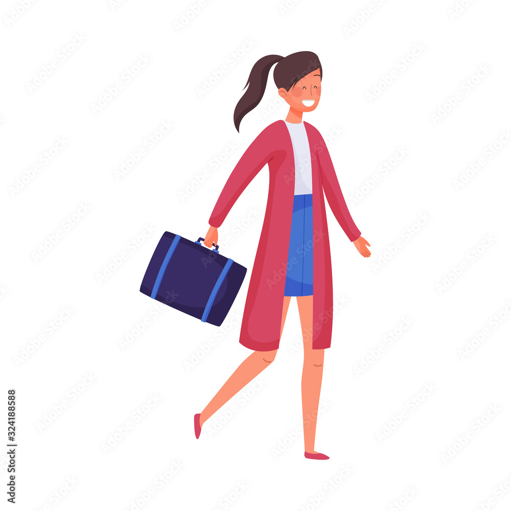 Young Girl Carrying Hand Luggage in Hurry Up for the Flight Vector Illustration