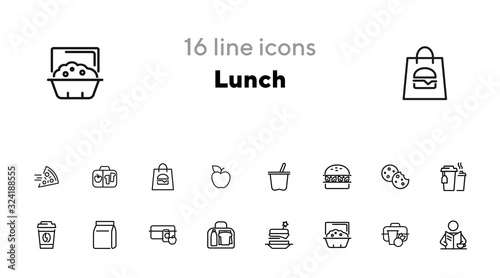 Lunch line icon set. Morning coffee, snack, picnic box. Eating concept. Can be used for topics like food, breakfast, lunch break