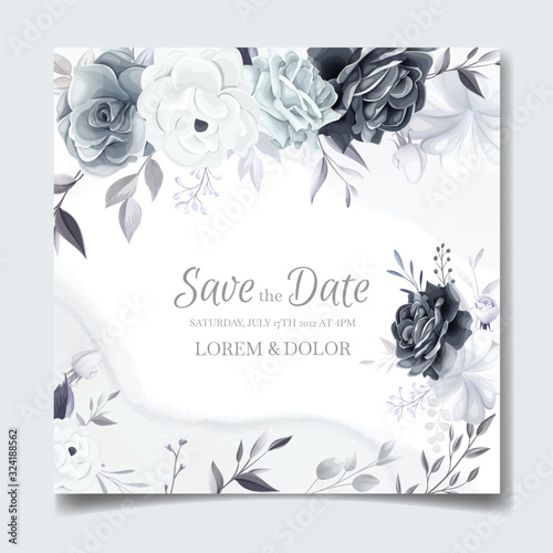 Elegant gray floral wedding invitation card template with silver leaves and watercolor frame