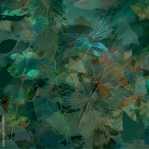 Creative artistic floral background with wild plants, leaves,  and hand paint...