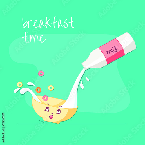 Breakfast time. Milk pouring from a bottle into a funny bowl with cereal