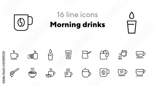 Morning drinks line icon set. Tea, pot, cup, espresso. Hot drink concept. Can be used for topics like coffee shop, menu, breakfast