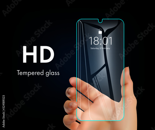 Hand holding smartphone. Realistic protecting smartphone screen protector physical damage. Installing film or glass screen protector. Attaching to the electronic mobile device. Vector smartphone scree