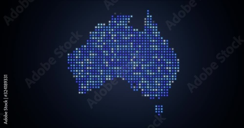 Animation of flicker led map of Australia in blue tones.