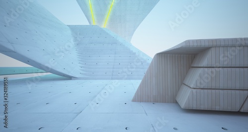 Abstract architectural concrete interior of a minimalist house with colored neon lighting. 3D illustration and rendering.