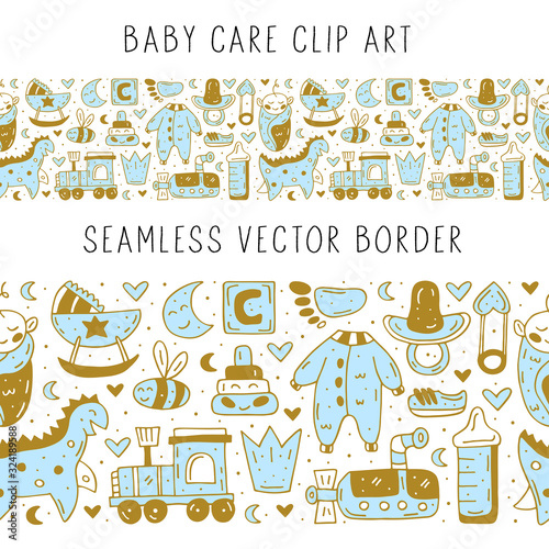 Baby care stuff, clothes, toys cartoon cute hand drawn doodle vector seamless border, pattern, texture, backdrop. Funny colorful design. Isolated on white background. Kids decorative design elements. 