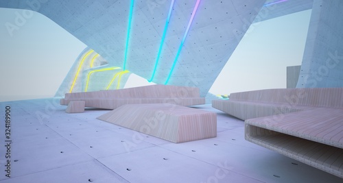 Abstract architectural concrete interior of a minimalist house with colored neon lighting. 3D illustration and rendering.