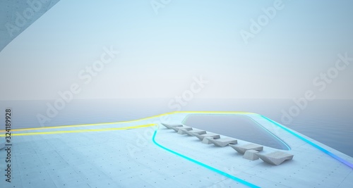 Abstract architectural concrete interior of a minimalist house with colored neon lighting. 3D illustration and rendering.